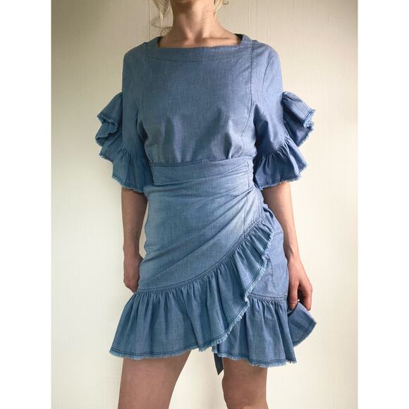 ISABEL MARANT ETOILE Denim Flutter Sleeve Wrap Mini Dress US MEDIUM - Picture 1 of 16